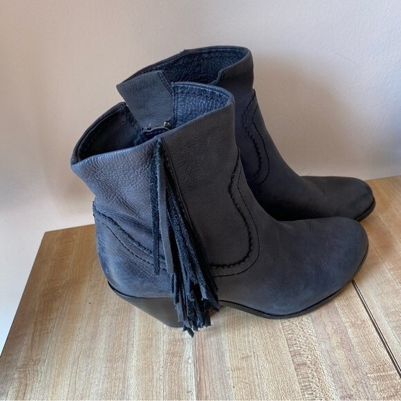 SAM EDELMAN Fringe Ankle Boot Suede Women's Louie Western Bootie Black - Picture 1 of 14